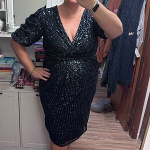 Mac Duggal Navy with silver Sequin Midi Dress